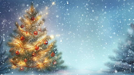 Christmas tree with lights and ornaments in snowy landscape