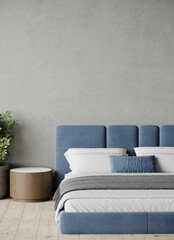 Modern rich luxury bedroom with light blue navy  bed velor and gray light microcement plaster stucco wall. Minimalist interior design home or hotel. Empty mockup wall for art. 3d render  - obrazy, fototapety, plakaty