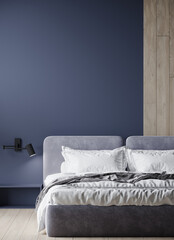 Modern bedroom in pastel blue navy indigo colors - empty paint wall and dusty light velvet bed. Trendy hotel or home interior design room. Premium fancy furniture accent. Mockup for art. 3d render