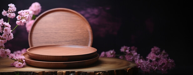 Obraz premium Wooden stand for product presentation. In the background are colorful flowers and a plain, delicate background with space for text