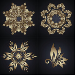 Set of round lace element in gold on a dark background.