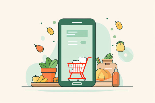 Mobile phone with shopping cart icon amidst fresh groceries illustration