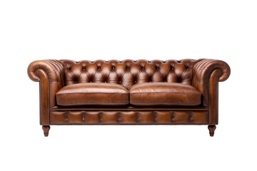 A brown leather chesterfield sofa isolated on transparent background.