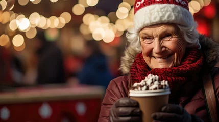 Foto op Canvas A joyful elderly woman is wearing a Santa hat and a warm scarf, holding a mug filled with hot chocolate and marshmallows, with a backdrop of festive lights and holiday decorations. © MP Studio
