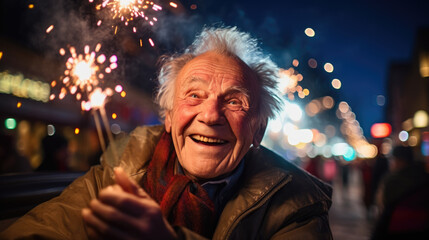 Fototapeta premium Elderly man wearing glasses is looking up and laughing with joy at a display of fireworks in the night sky, surrounded by a backdrop of glowing bokeh lights.