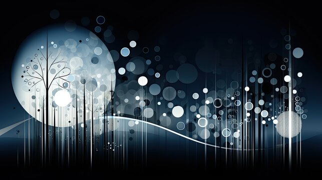 AI-generated abstract monochromatic landscape illustration of moonlight seen through blades of grass or bare trees. MidJourney.