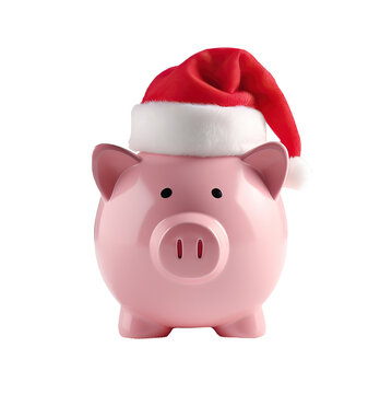 Pink Piggy Bank With Santa Hat On White Background