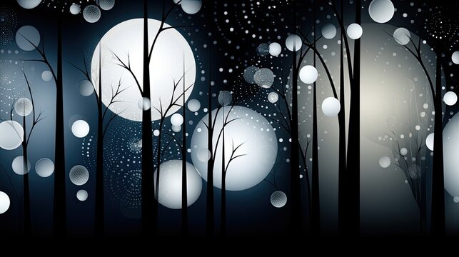 AI-generated abstract illustration of a winter night in a forest. MidJourney.