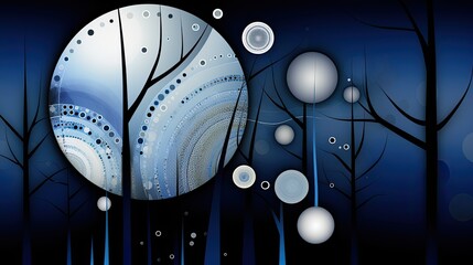 AI-generated abstract illustration of a winter night in a forest. MidJourney.