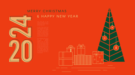 Obraz premium Happy New Year, poster, banner and card design in minimalist geometric line style. illustration in flat vector cartoon style. Xmas and new year backgrounds. 2024 celebration