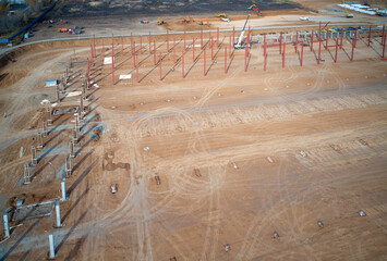 Panoramic view of the construction site with piles, pile foundations and reinforced concrete...