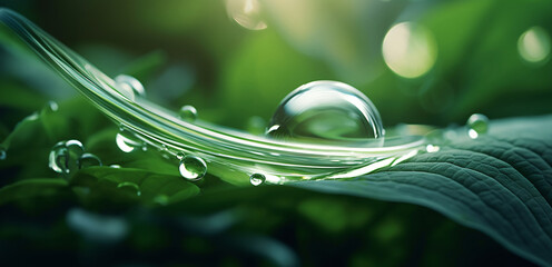 Water drops on a large green leaf. Space for text