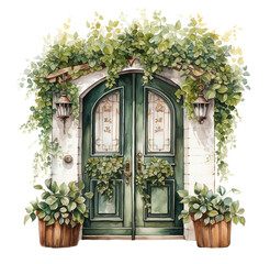Fototapeta na wymiar Watercolor vintage doors. Generative AI, png image.