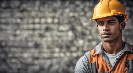 Poster portrait of a construction worker, hard worker at work, portrait of a man with helmet, hard worker © Gegham