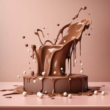 Chocolate cake splashing on brown background