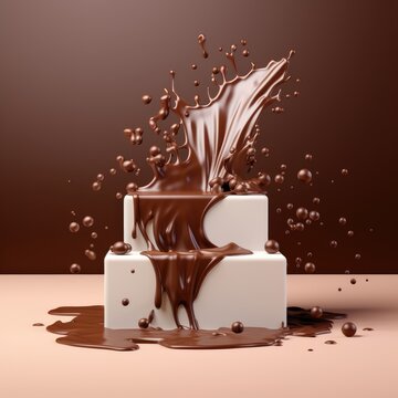 Chocolate cake splashing on brown background