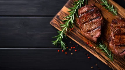 Tuinposter Food - Beef dinner - Delicious grilled stake served on a wooden table, fireplace on background. Big steak meat dish on a main course plate © PaulShlykov