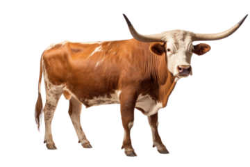 A Texas Longhorn cow isolated on a transparent background.