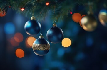 Fototapeta premium photo of christmas decorations hung on tree with bokeh light effect