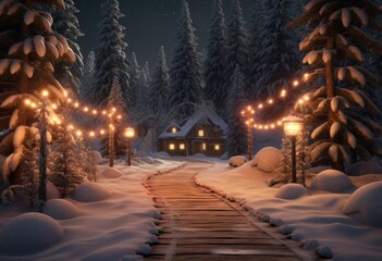 a scene showing christmas lights and a snowy road