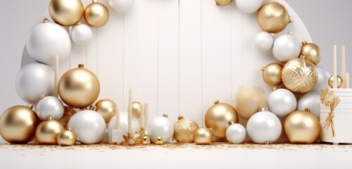 Fototapeta na wymiar a golden and white christmas decoration with ornaments