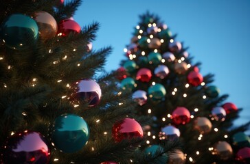 Fototapeta na wymiar colorful christmas balls are on the top of a christmas tree