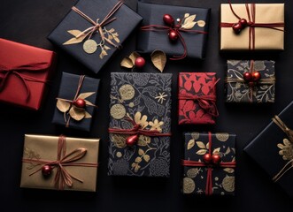 Fototapeta na wymiar christmas presents arranged on a black background