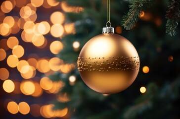 gold christmas ball hanging on tree with glowing lights background