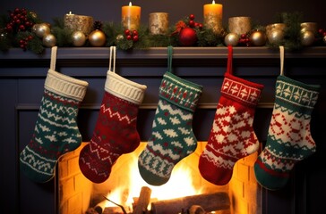 christmas stockings hanging by fireplace - obrazy, fototapety, plakaty