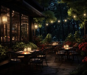 an outdoor restaurant set against a wooden floor in front of some lighting and plants