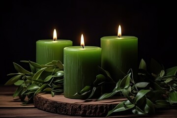 green candles on a dark surface