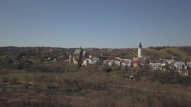 Panorama of the ancient Polish city of Bech. Aerial photograph taken from a bird's flight shot by a quadrocopter or drone. Tourist place of medieval Carpathians architecture.