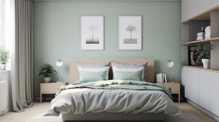 Cozy scandinavian bedroom interior in natural colors with wooden furniture, stylish interior accessories and natural cotton textile, houseplants in pots, posters in rectangular frame on a green wall