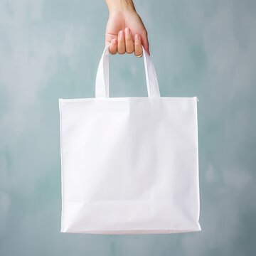 Female hand holding white paper shopping bag on blue background