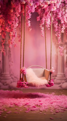 High-resolution digital PNG backdrop - Captivating Newborn Digital Swing: Pink Blossoms, Magical Lighting, Photoshop Magic, Fine Art.