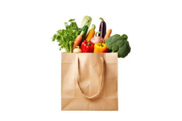 Paper bag full of healthy food isolated on transparent background.