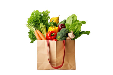 Paper bag full of healthy food isolated on transparent background.