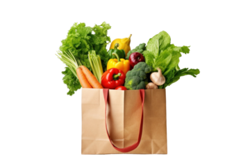 Paper bag full of healthy food isolated on transparent background.
