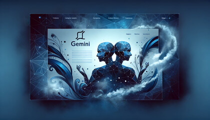 The image representing the zodiac sign Gemini (Близнецы) in the modern website background style is now available. This design captures the dual nature of Gemini in a futuristic and technological aesth - obrazy, fototapety, plakaty