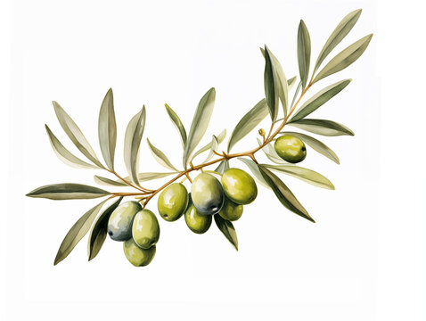 Watercolor illustration of oliva branch on white background