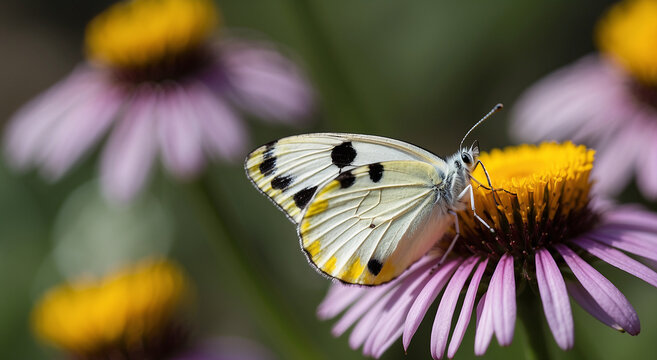 A beautiful white butterfly with black and yellow spots sitting on a flower in a defocused background - AI Generative