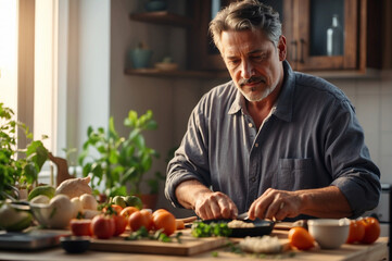 a middle age man at home preparing a meal at the morning