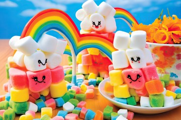 Smiling marshmallow stacks with a vibrant candy rainbow on a blue backdrop