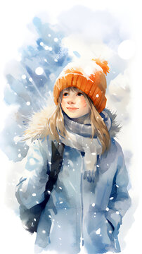 Cute smiling girl in an orange hat rejoices in the snow. Snowfall. Happy winter. Copy space. 