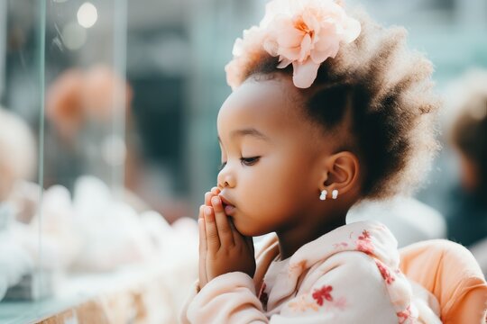 Young African girl with flower in hair, praying with closed eyes and serene expression