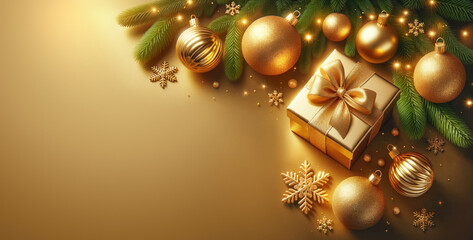 Golden Christmas background with gift and ornaments