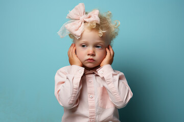 Fototapeta premium Portrait of a thoughtful young girl with a large bow, pink shirt, against a turquoise background