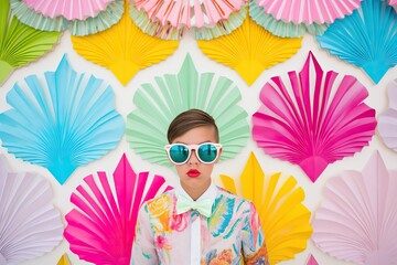 Fashion-forward individual posing against a backdrop of vibrant paper fans