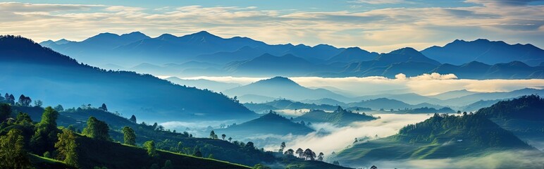 photo of Breathtaking panorama of foggy morning in mountains summit. Natural green scenery of cloud and mountain slopes background.