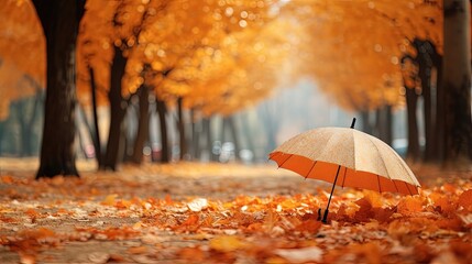 Concept of Golden autumn. Carpet of fallen orange autumn leaves in park and blue umbrella autumn background landscape.